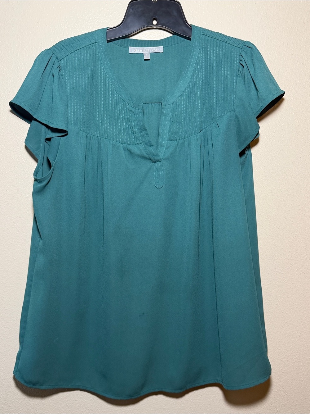 Daniel Rainn Teal Pintuck Flutter Sleeve Blouse